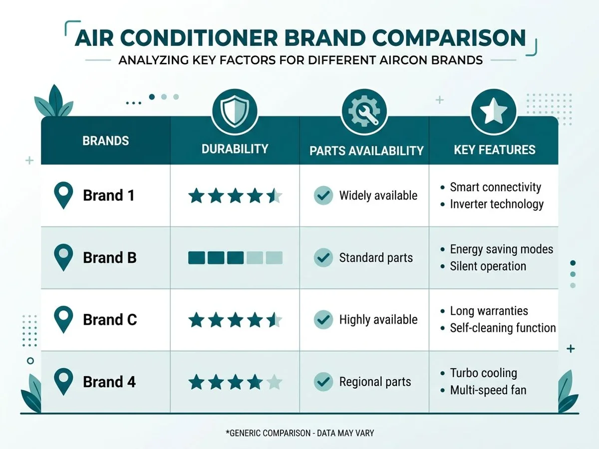 Brand comparison table: durability, parts, features