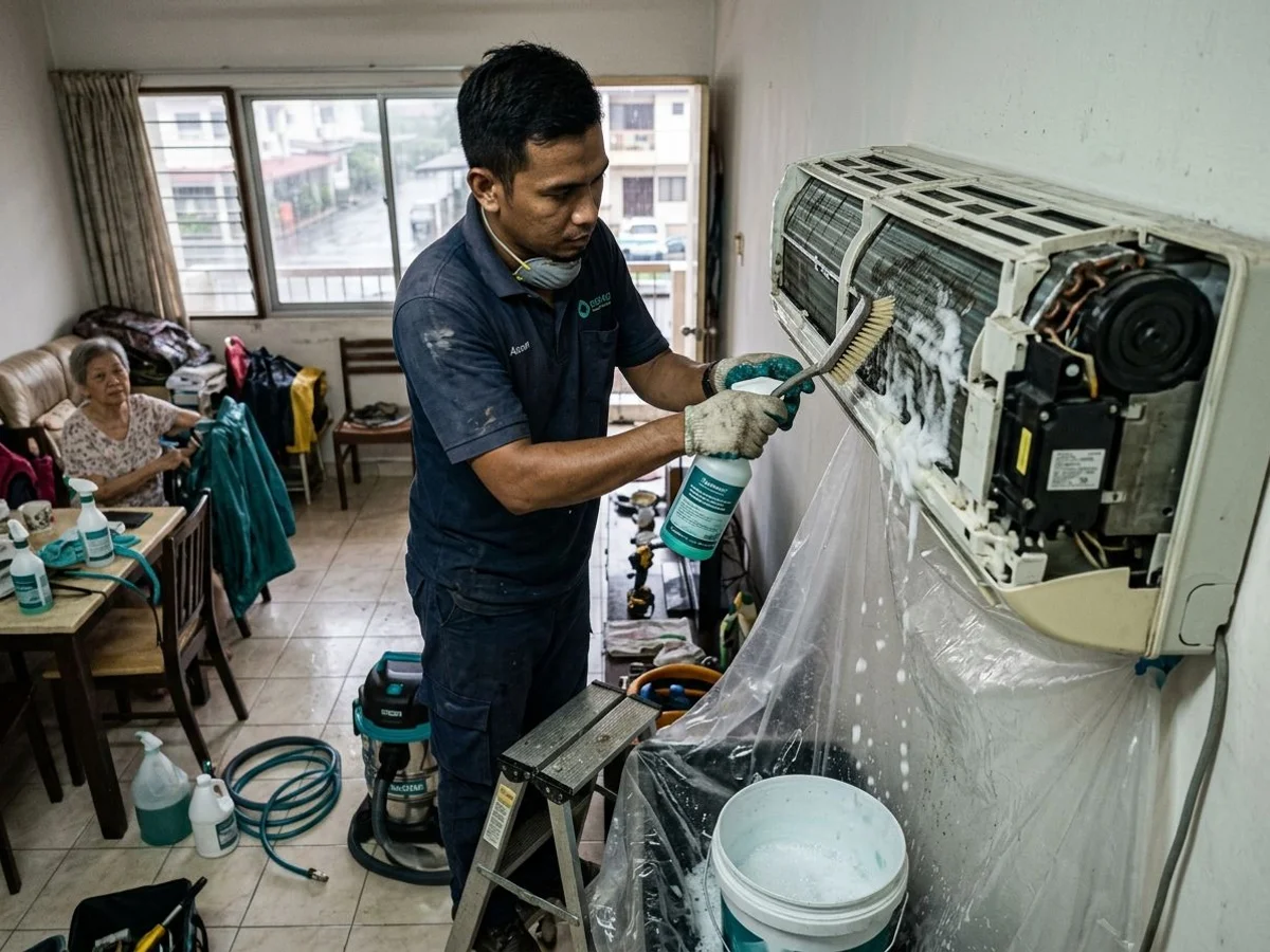Technician performing a chemical wash during monsoon prep