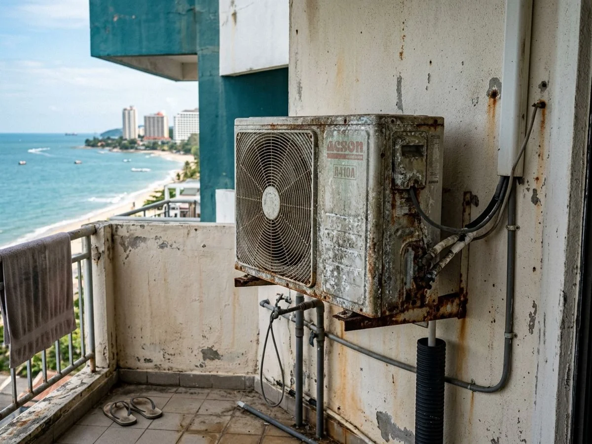 Coastal seafront condo aircon condenser exposed to salt air