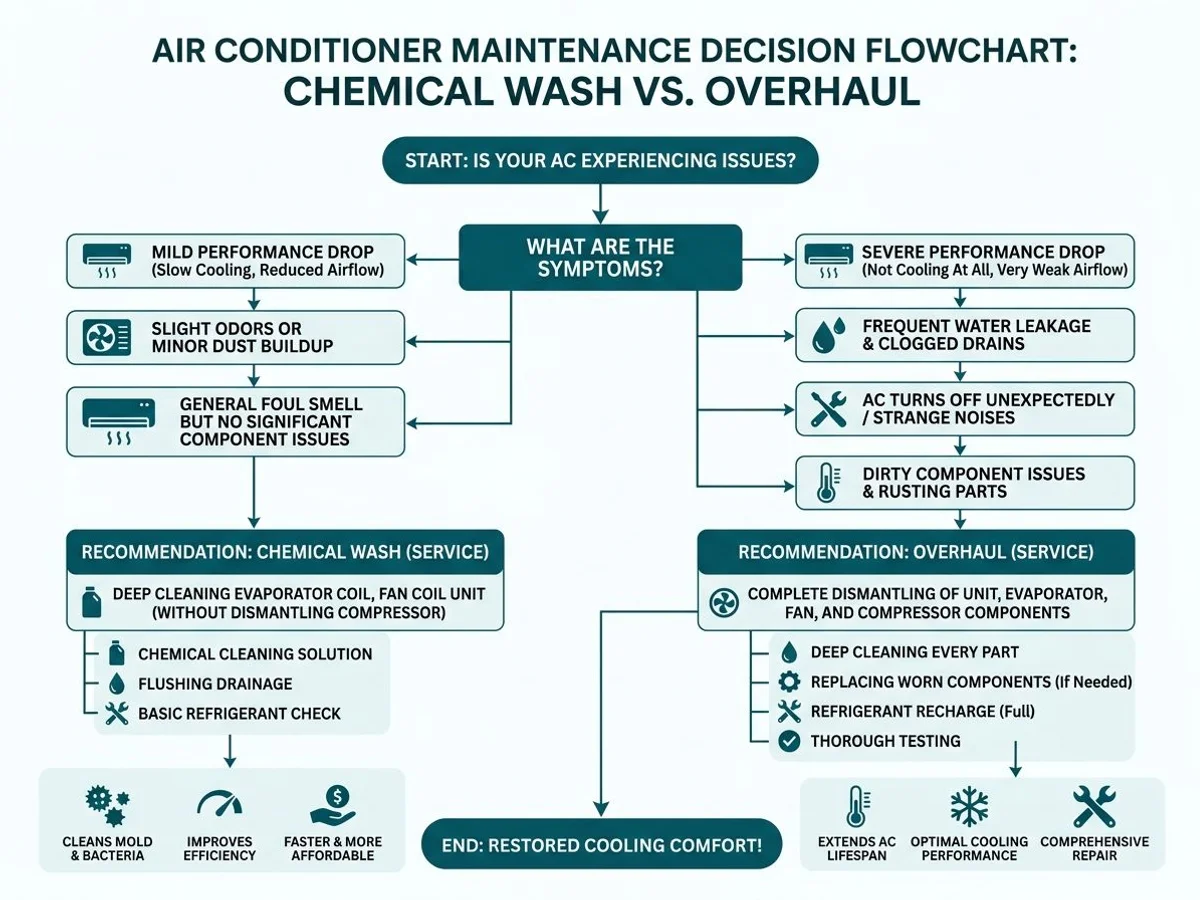 Decision flowchart: wash vs overhaul