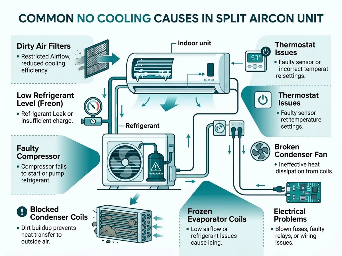 Diagram of common no-cooling causes in a split aircon