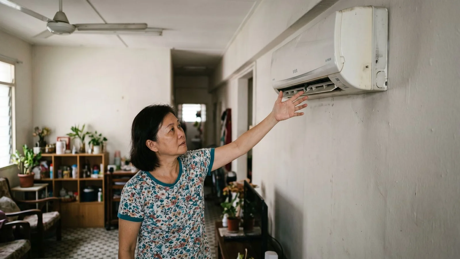 Hand feeling warm air from a wall aircon vent