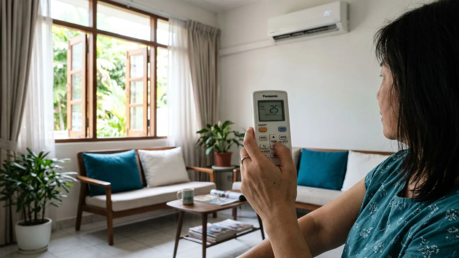 Hand setting a wall aircon remote control to the dry mode setting in a bright Penang room
