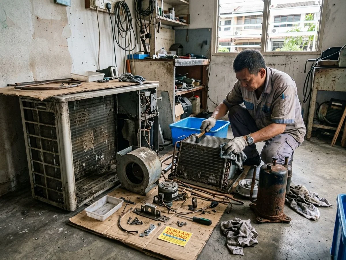 Heavily soiled old aircon dismantled for overhaul