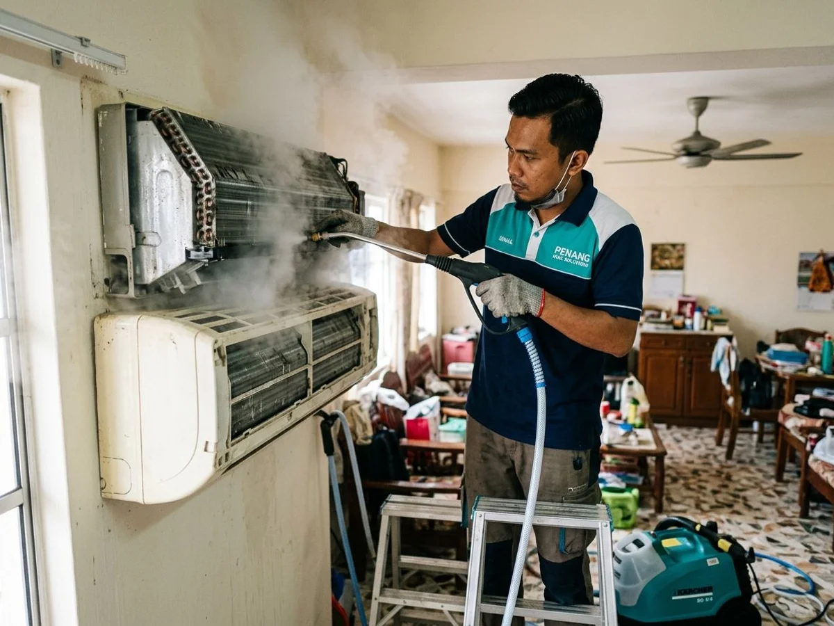 High-temperature steam cleaning an aircon coil