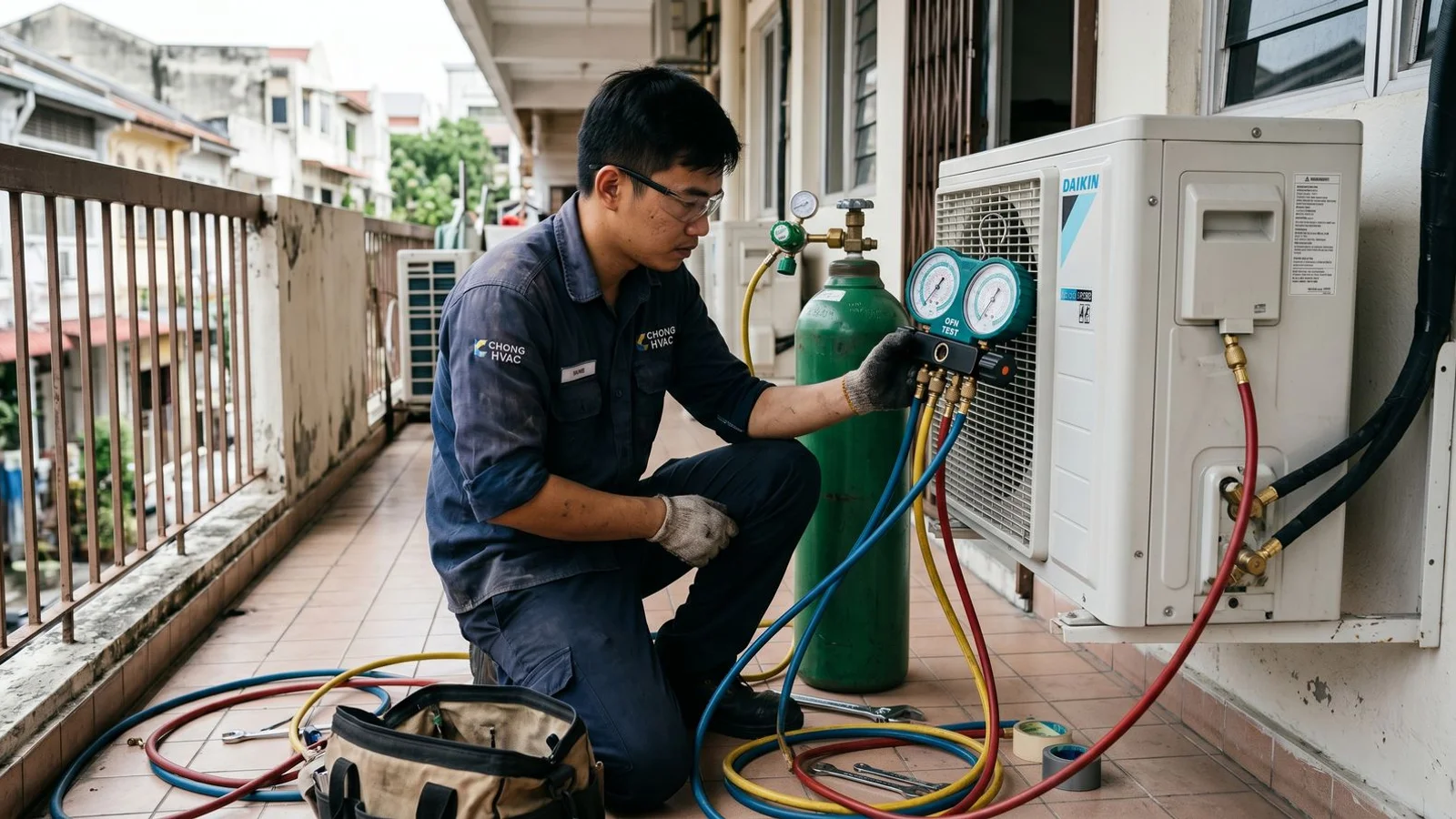 Manifold gauge set connected to a new aircon during pressure testing