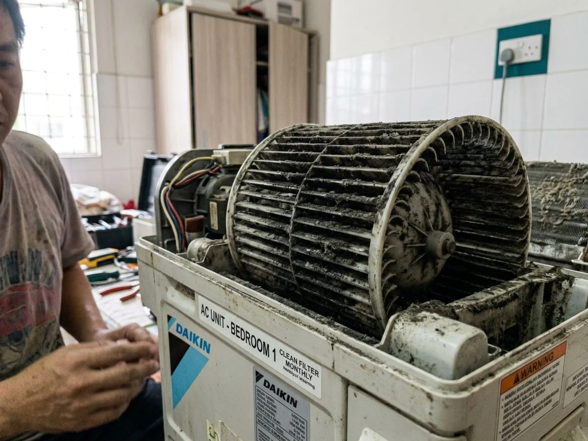Mouldy aircon blower wheel — source of musty smell