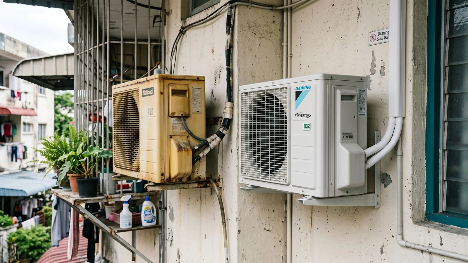 Old yellowed aircon beside a new white inverter unit