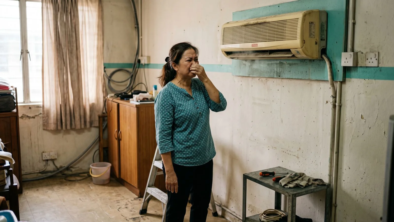 Person reacting to a bad smell near a wall aircon