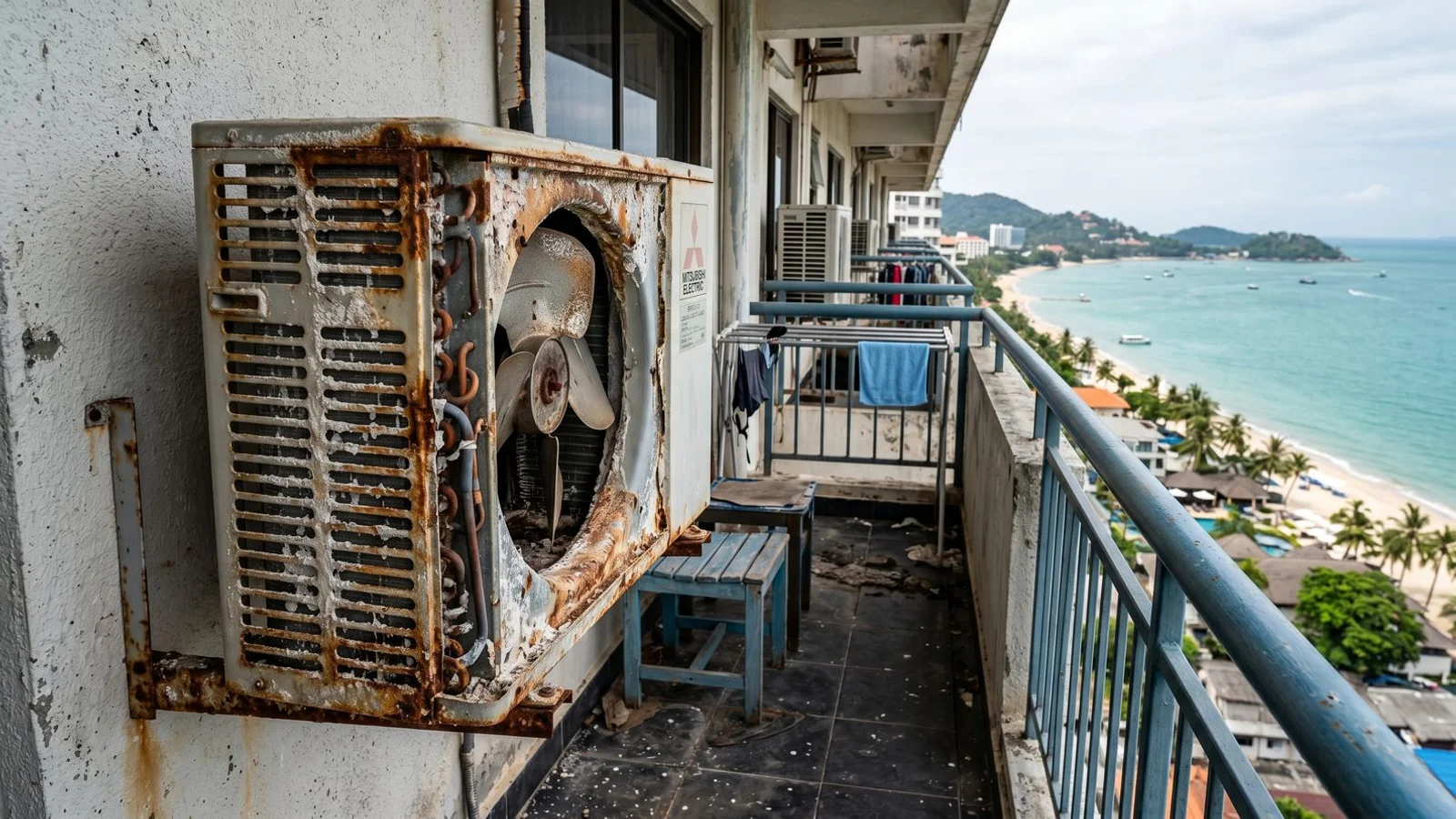 Salt-corroded aircon condenser on a Batu Ferringhi seafront balcony