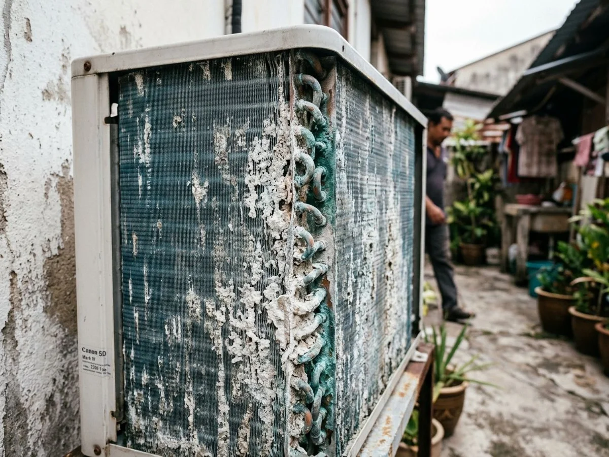 Salt corrosion damage on outdoor condenser fins