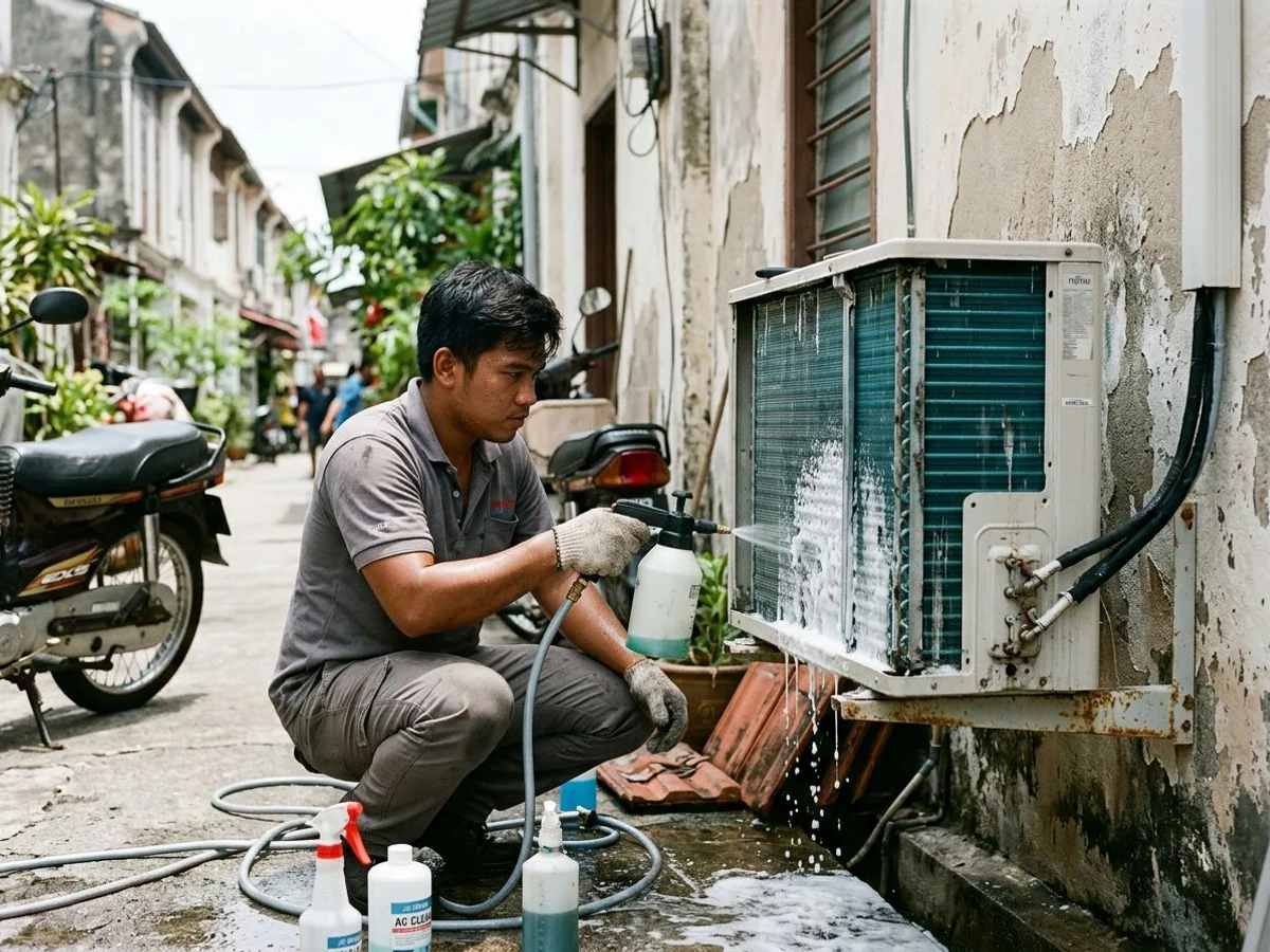 Technician chemically washing aircon in June