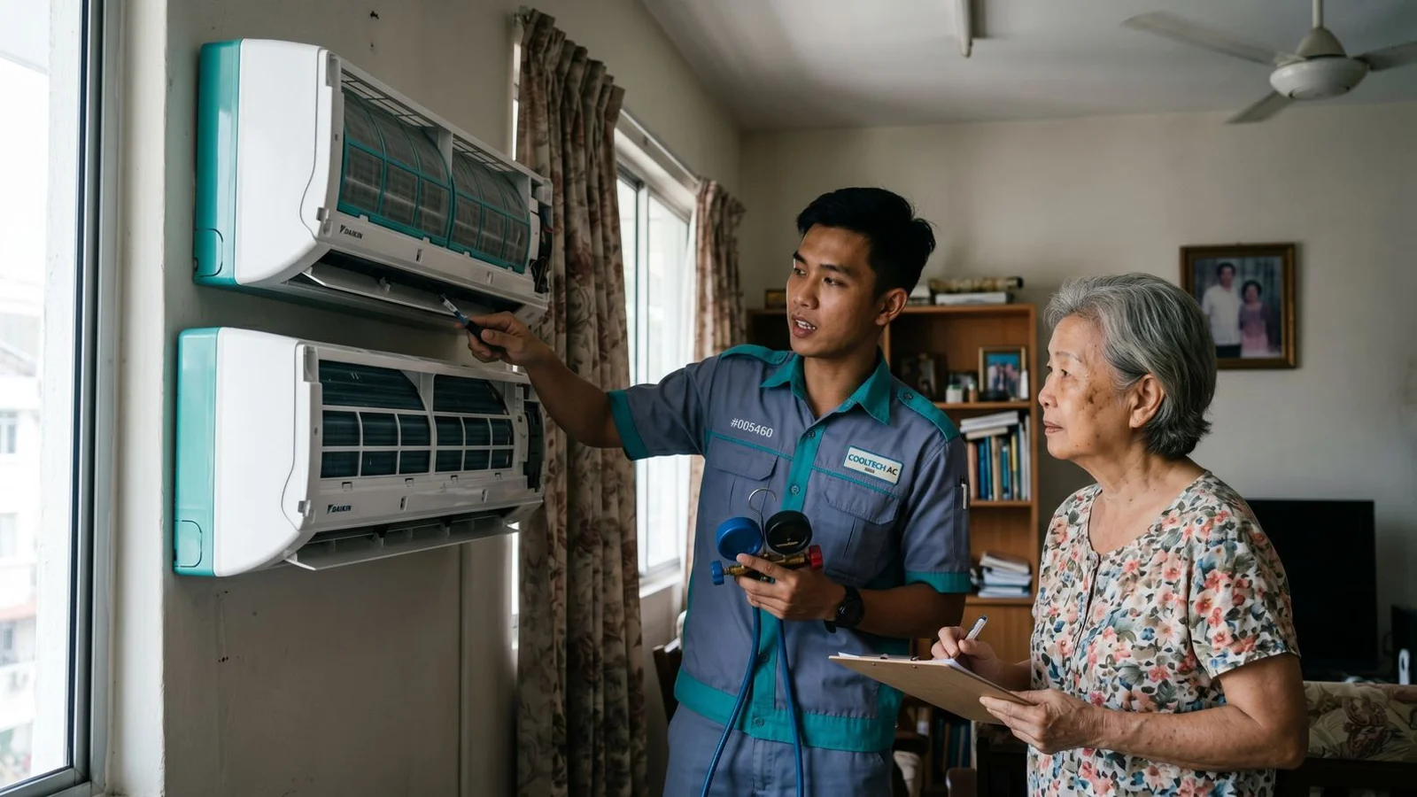 Technician explaining a diagnosis to a homeowner beside an aircon
