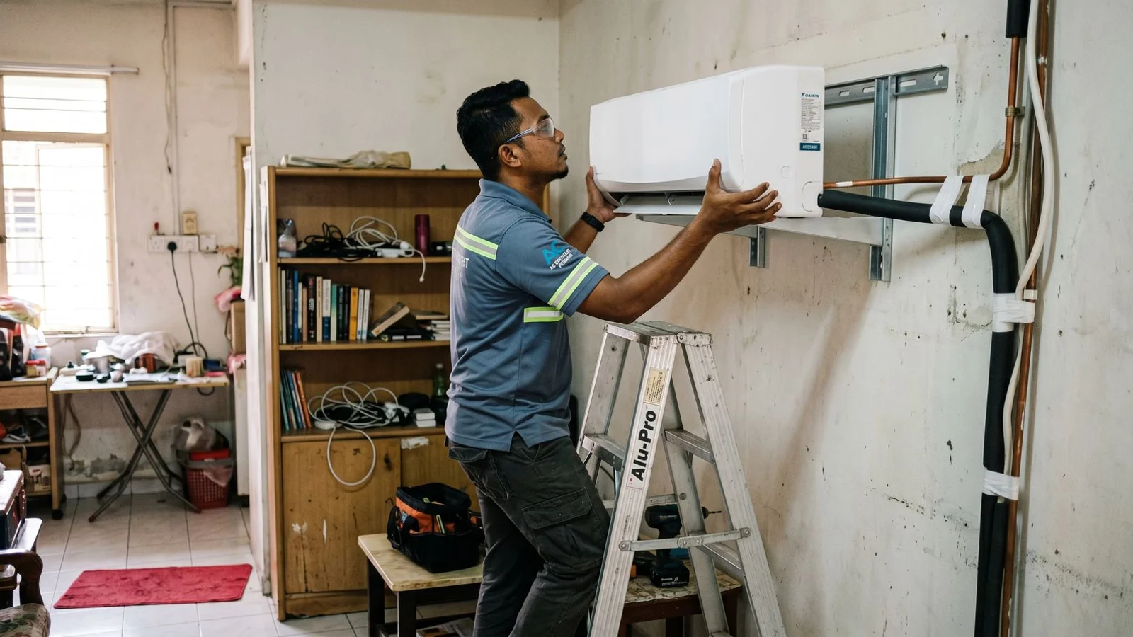 Technician mounting an indoor aircon on a wall bracket