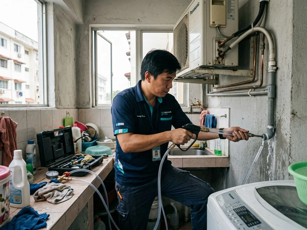 Technician pressure-flushing an aircon drain line