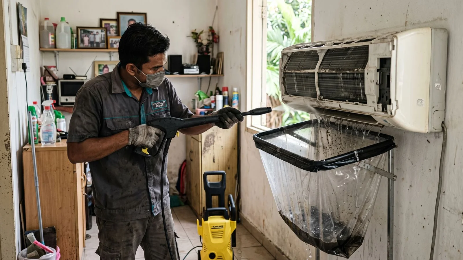 Technician pressure-washing an aircon coil with a service bag attached