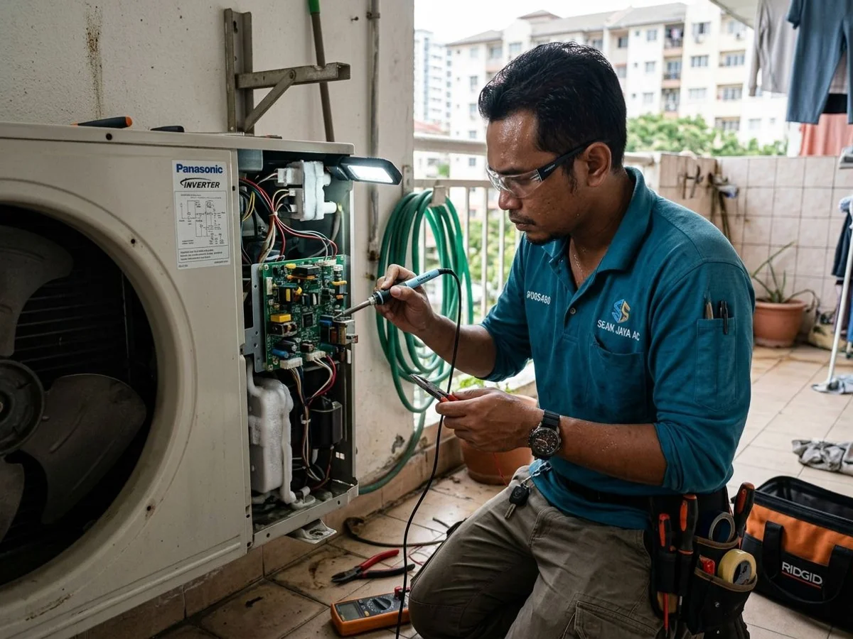 Technician working on aircon circuit board