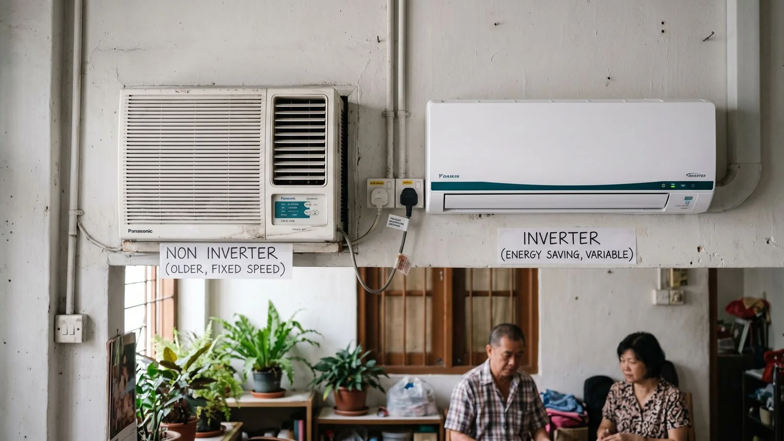 Inverter and non-inverter aircon units side by side
