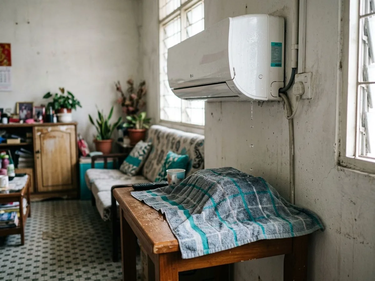 Water dripping from a wall aircon onto a towel